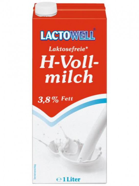 Lactowell H-Vollmilch, 3,8% Fett, laktosefrei, 12x 1 L/PK ideal für die Ernährung bei Laktoseintoleranz